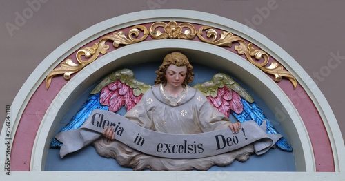 Angel with Gloria in excelsis Deo Banner, Nativity Scene, altarpiece in the church of Saint Matthew in Stitar, Croatia