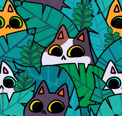 Seamless cat pattern. Cartoon animals background. Ideal for fabric, wallpaper, wrapping paper, textile, t-shirt print.