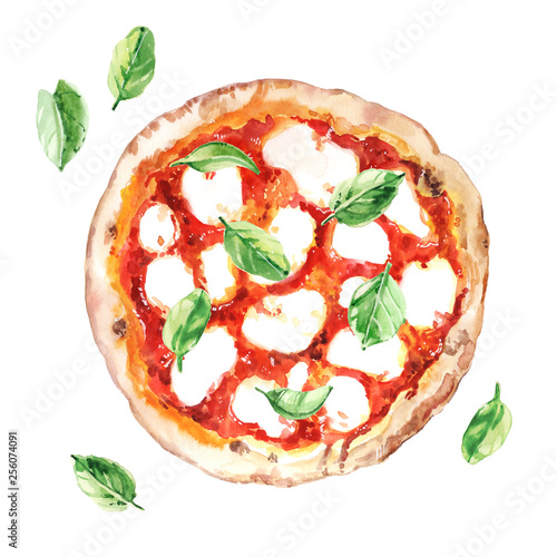 Watercolor hand painted delicious pizza Margarita illustration isolated on white background