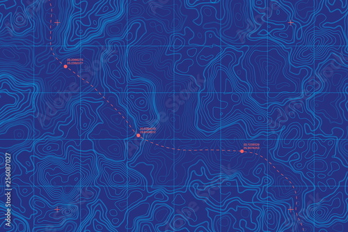 Sea Depth Topographic Map With Route And Coordinates Conceptual User Interface Blue Abstract Background. Bermuda Triangle. Topographic Cartography. Topographic Map. Topographic Atlas