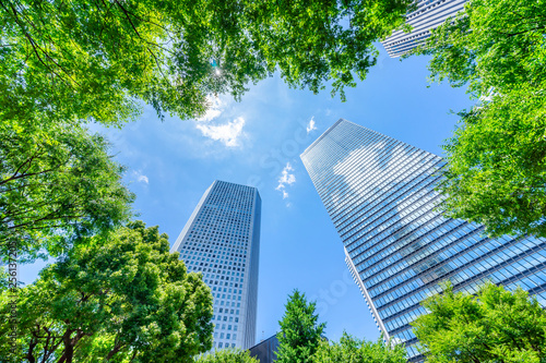 Asia Business concept for real estate, corporate construction and ecology - looking up view of panoramic modern city skyline with blue sky and green tree in shinjuku, tokyo, japan