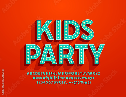 Vector colorful banner Kids Party with Lamp Font. Glowing light bulb Alphabet Letters, Numbers and Symbols