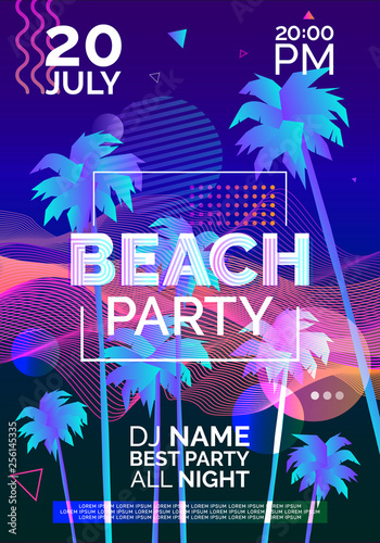 beach party futuristic poster design with palm trees abstract wave lines geometric shapes