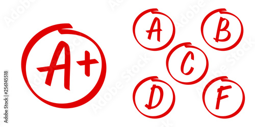 School grade results vector icons. Letters and plus grades marks in red circle