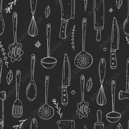 Seamless vector pattern of elements with hand drawn kitchen tools on a chalkboard background.