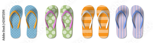Set of colored Flip flops with different patterns - summer, beach slippers