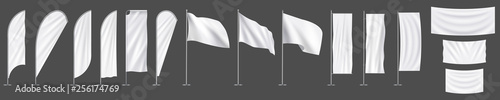 Realistic white advertising textile vector flags and banners, set