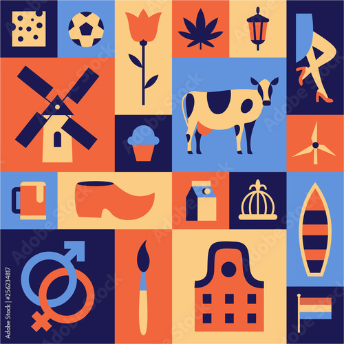 Netherlands, Amsterdam. Vector travel illustration, flat icon set, color background.