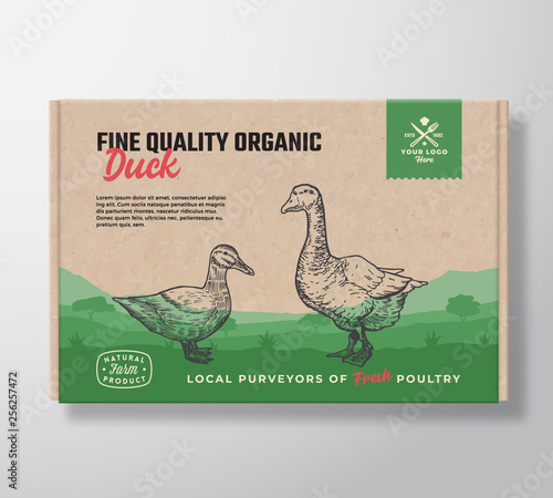 Fine Quality Organic Duck. Vector Meat Packaging Label Design on a Craft Cardboard Box Container. Modern Typography and Hand Drawn Duck and Goose Silhouettes. Rural Pasture Landscape Background Layout