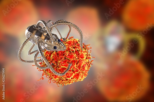 Nanobot attacking cancer cell, nanotechnology medical concept, 3D illustration. Nano sized robots developed to treat cancer