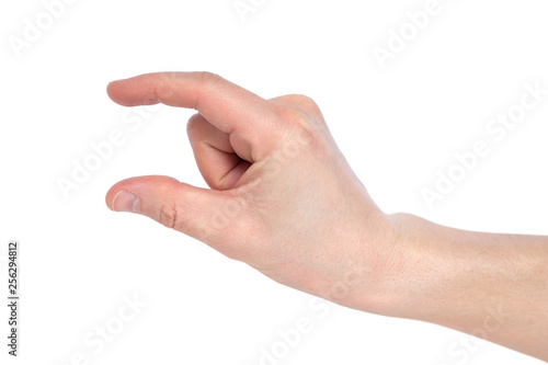 Male caucasian hand gesturing a small amount, or smal size, isolated on white background.
