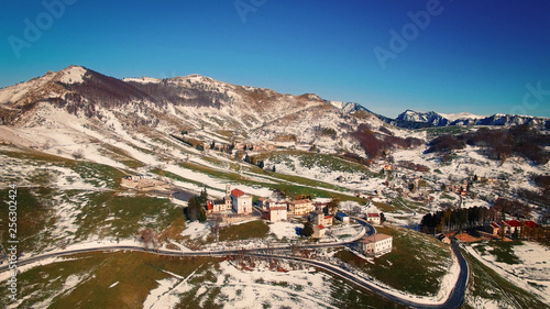 Winter village from the air view. Aerial view. Little beautyfull