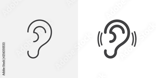 Ear, hearing icon. line and glyph version, outline and filled vector sign. Human ear organ linear and full pictogram. Symbol, logo illustration. Different style icons set