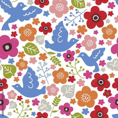 Seamless pattern with birds and flowers. White background. Vector illustration.