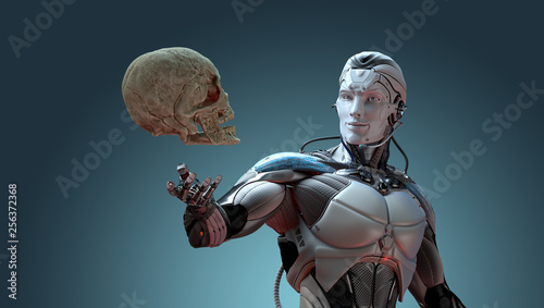 Robot and human skull artificial intelligence concept, 3d render