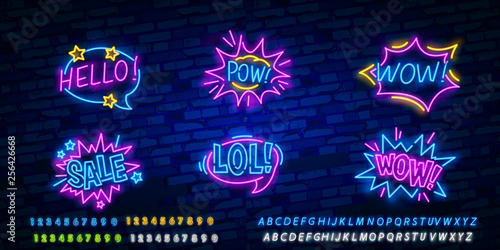 Big set of Comic speech bubble with expression text Wow, Pow, Hello, LOL, SALE. OMG. Design template neon sign, light banner, neon signboard, light inscription. Vector illustration