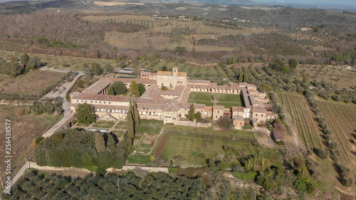 Amazing aerial view of Pontignano Charterhouse near Siena, Tuscany