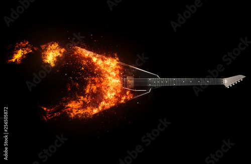 Black heavy metal guitar bursting into flames