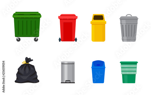 Flat illustration of street and in-house trash bins. Metal and plastic garbage containers. Colorful recycle trash buckets and bag vector set. Trash bin with pedal and swing top. Metal bucket with cap.