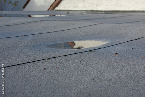 Ponding rainwater on flat roof after rain, roof drainage and leak problem. Roof settling or sagging is result of framing issues, rotten or saturated sheathing