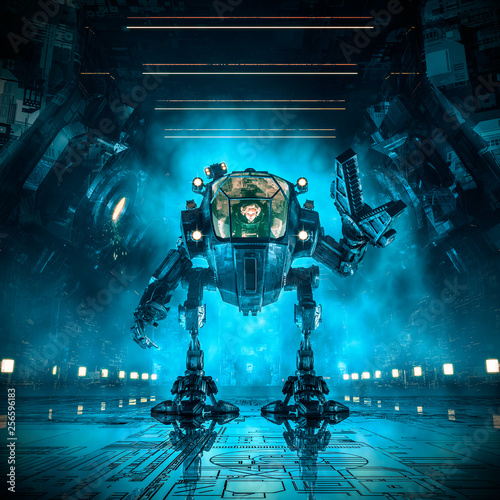 Cargo loader mech / 3D illustration of science fiction scene with female astronaut controlling heavy industrial mech robot inside dark industrial space ship corridor