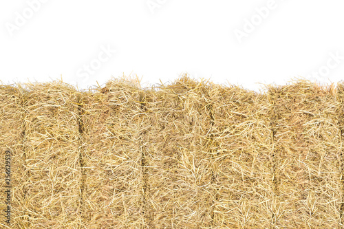 Hay bale straw close up on white background