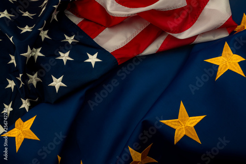 TTIP, USA and EU cooperation and Transatlantic Trade and Investment Partnership concept theme with the flags of the United states of America and the European Union\