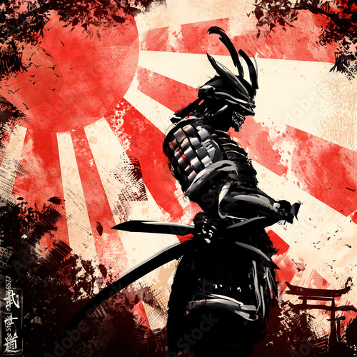 A samurai stands holding his hand on a katana, behind a red sunset,the inscription means in Japanese "the way of the warrior"
