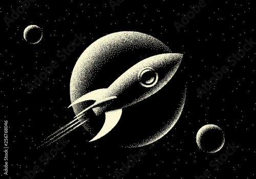 Space landscape with scenic view on planet, rocket and stars made with retro styled dotwork