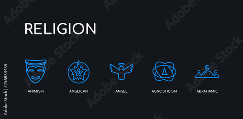 5 outline stroke blue abrahamic, agnosticism, angel, anglican, animism icons from religion collection on black background. line editable linear thin icons.