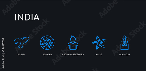 5 outline stroke blue alamelu, anise, ardhanareeswara, ashoka, assam icons from india collection on black background. line editable linear thin icons.