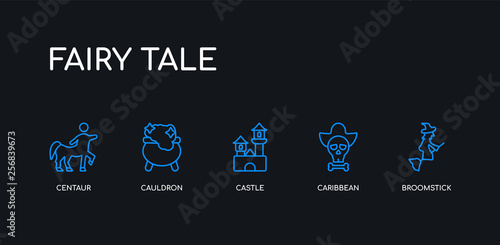 5 outline stroke blue broomstick, caribbean, castle, cauldron, centaur icons from fairy tale collection on black background. line editable linear thin icons.