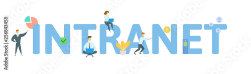 INTRANET. Concept with people, letters and icons. Colored flat vector illustration. Isolated on white background.
