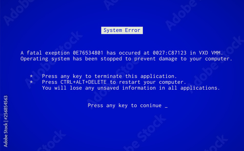 Blue Screen of Death. Operating system crash error message. BSOD malfunction report.