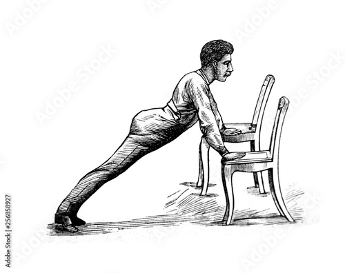 Illustration of man making push ups in a vintage book Home treatment technique, V. Kaminskiy, 1897