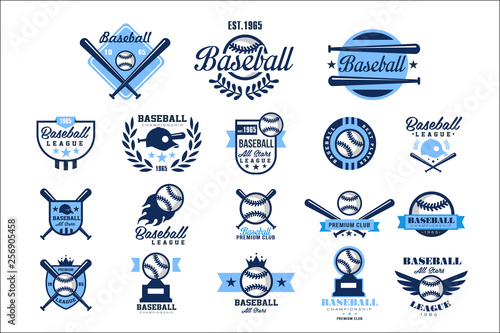 Set of American baseball logo. Original blue labels with balls, crossed bats, caps and wings. Sports club emblems. Design for team badge. Flat vector illustration