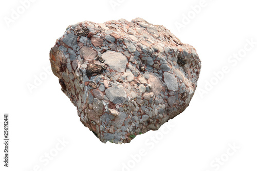 Natural specimen of conglomerate - sedimentary rock composed of rounded or sub-rounded gravel and pebbles cemented by calcium carbonate, isolated on white background