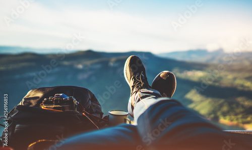 view trekking feet tourist backpack photo camera in auto on background panoramic landscape mountain, vacation concept, foot photograph hiking relax in auto, photographer enjoy trip holiday, mockup