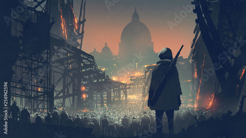 young man with gun looking at crowd of people in apocalyptic city, digital art style, illustration painting