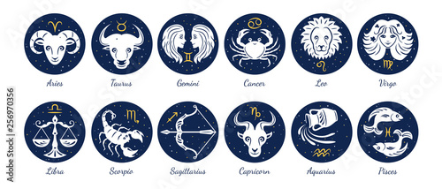 Set of zodiac signs icons. Aries, leo, gemini, taurus, scorpio, aquarius, pisces, sagittarius, libra, virgo, capricorn and cancer. Vector illustration in cartoon simple style. 