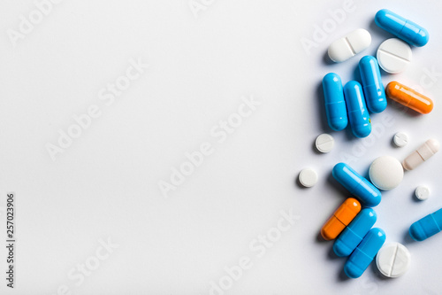 Assorted pharmaceutical medicine pills, tablets and capsules.Pills background.