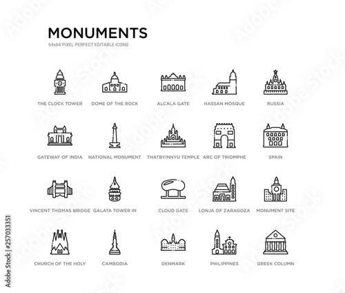 set of 20 line icons such as cloud gate, galata tower in istanbul, vincent thomas bridge, arc of triomphe, thatbyinnyu temple, national monument monas, gateway of india, hassan mosque, alcala gate,