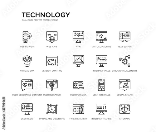 set of 20 line icons such as user persona, user research, user-generated content, internet value, , version control, virtual box, virtual machine, vpn, web apps. technology outline thin icons