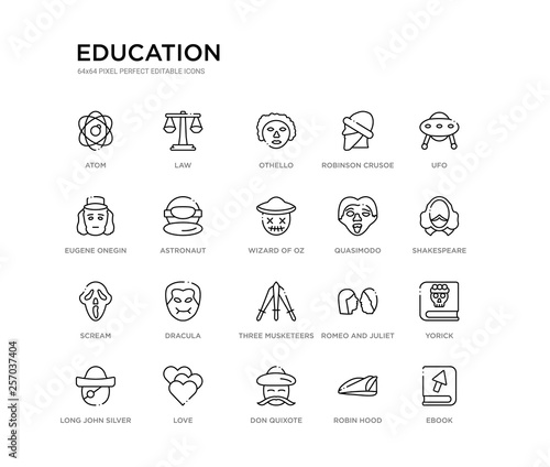 set of 20 line icons such as three musketeers, dracula, scream, quasimodo, wizard of oz, astronaut, eugene onegin, robinson crusoe, othello, law. education outline thin icons collection. editable