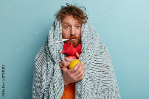 Health care concept. Stressful sick man measures temperature, eats lemon, wrapped in plaid, looks in displeasure, cures at home, suffers from cold, fever, has symptoms of flu, isolated on blue