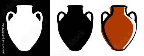 Vector ancient amphora image in brown color and silhouettes in white and black background isolated in flat style.