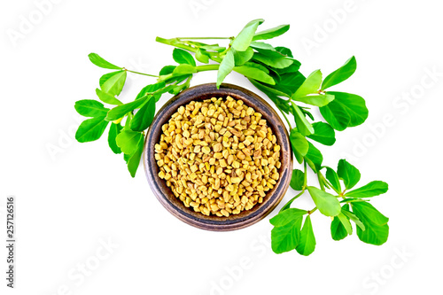 Fenugreek with green leaves in bowl on top