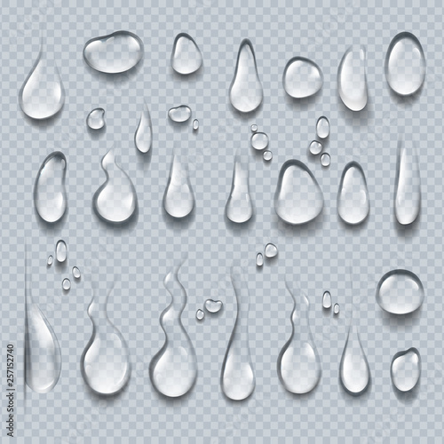 Realistic water drops. 3D transparent condensation droplets, bubble collection on clear surface. Rain drops vector set