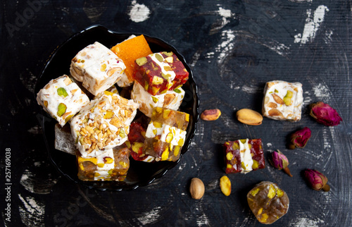 Turkish delights with pistachios and rose flower