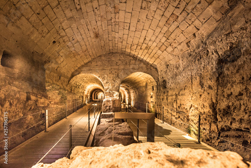 The 350m long Templars tunnel leads from the Templars Palace which was destroyed in 1921 up to Acre‘s port in the east, Akko, Israel, Middle East